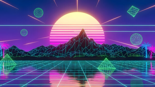 Vaporwave Landscape of Wireframe Mountains Under Neon Sun with Geometric Shapes and Gridded Floor Reflecting Synthwave Aesthetic Perfect for 80s Design 197