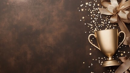 Close-up of a shiny gold winner's trophy with confetti stars and light bursts, ideal for celebrating success and achievements
