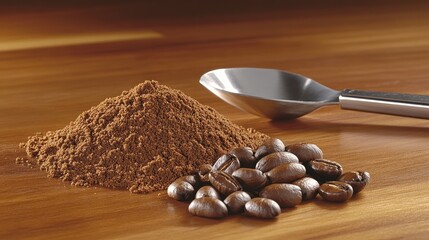 Freshly ground coffee sits beside roasted beans, creating an inviting atmosphere for coffee lovers near an espresso pot