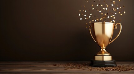 Close-up of a shiny gold winner's trophy with confetti stars and light bursts, ideal for celebrating success and achievements