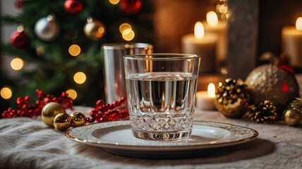 A glass of water on a festive table with Christmas decorations and garlands. Concepts of celebration, hospitality, mindfulness, healthy lifestyle, and fasting.