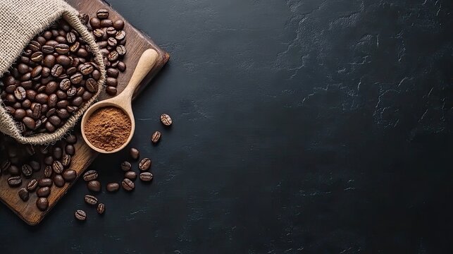 Coffee beans and ground coffee are arranged artistically on a rustic table, featuring a black board ready for personalized text