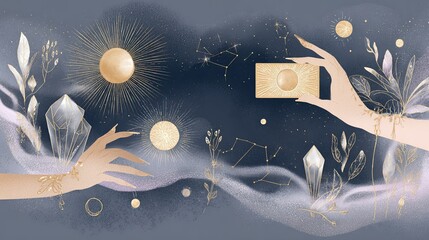 Contemporary esoteric artwork with original tarot symbolism, moon and sun icons, cosmic textures and clean minimal style. Ideal for fashion prints, posters, packaging and editorial use.