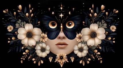 Delicate golden flowers and butterflies create a tranquil atmosphere with intricate lines and sparkling details on a dark backdrop