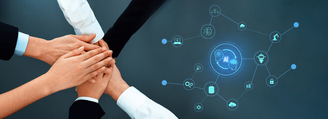 A representation of teamwork and connection, showcasing diverse hands stacked together in a corporate environment, symbolizing unity, collaboration, and modern digital innovation. Trope