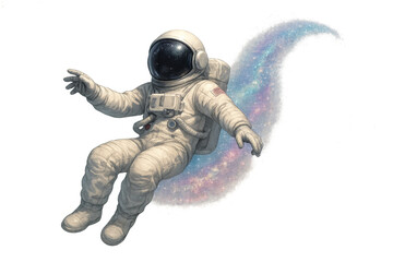 Astronaut floating on a crescent galaxy moon, exploring space, universe dream, fantasy journey, cosmic surrealism adventure