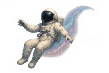 Astronaut floating on a crescent galaxy moon, exploring space, universe dream, fantasy journey, cosmic surrealism adventure