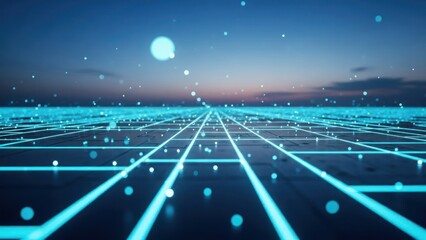 Futuristic glowing blue digital grid extending to horizon under twilight sky, data points