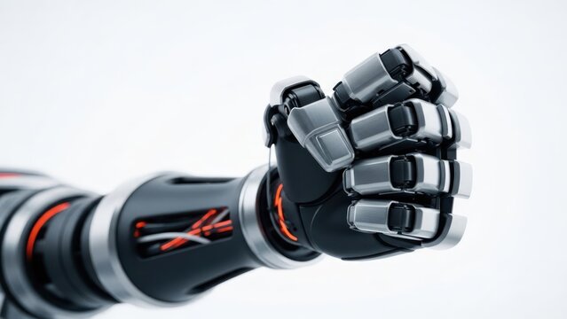 Futuristic robotic arm with metallic gray and black components clenched in a powerful fist - Powered by Adobe