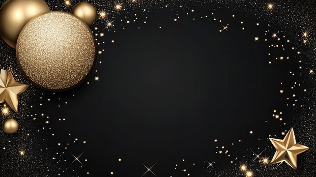 An abstract golden circle frame features glittering lights on a black background, ideal for luxury concepts and wedding invitations