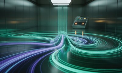 Futuristic room, vibrant glowing data streams flow from a vertical beam, control panel