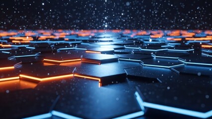 Futuristic digital hex grid with glowing orange and blue lights, falling particles