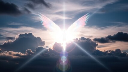 Glowing angelic figure with vibrant wings radiating light against a cloudy sky