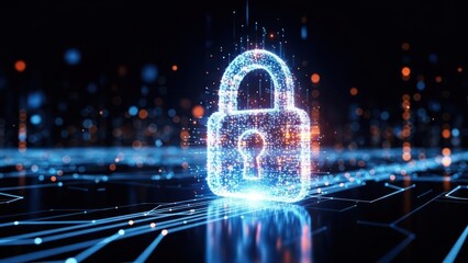 Glowing digital padlock icon on a dark background with network lines, symbolizing data security