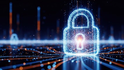 Glowing digital padlock over data lines, symbolizing robust network security