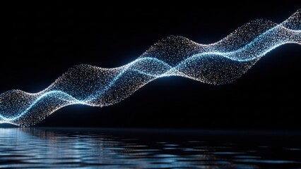 Glowing particle wave formation reflected on dark water, dynamic abstract pattern