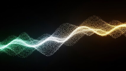 Glowing particle wave teal to white to orange, a dynamic digital flow on dark background