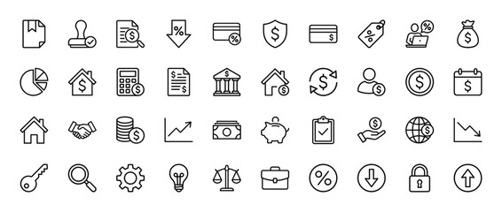 Finance and banking line icon set. Vector pictograms of money bag, calculator, piggy bank, credit card, graph, handshake and real estate, thin outline illustration.