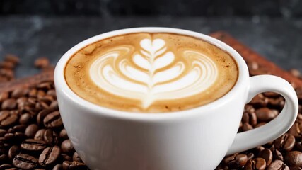 Freshly brewed latte art in white cup surrounded by roasted coffee beans - Powered by Adobe