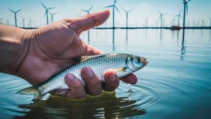 Hand holding a small silver fish above rippling water with a wind farm background