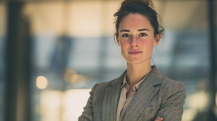 Confident Portrait of Professional Woman: A poised professional woman in a tailored blazer, her gaze focused, conveys competence and authority, embodying modern professionalism.