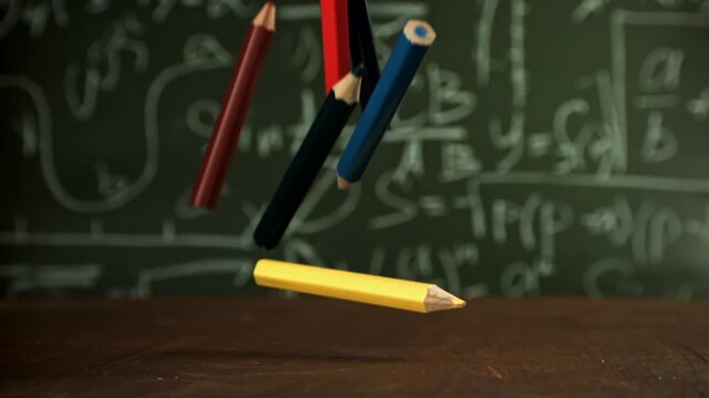Pencils fall on the school desk. Filmed on a high-speed camera at 1000 fps. High quality FullHD footage
