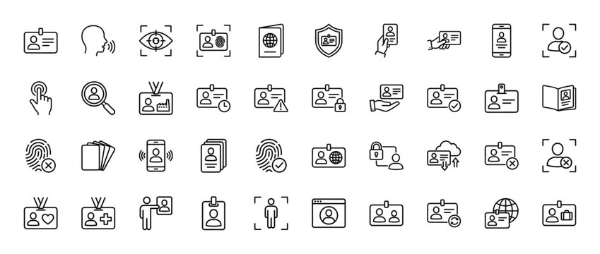 Identification and verification line icon set. Vector pictograms of id card, fingerprint, passport, and face scan, thin outline illustration.