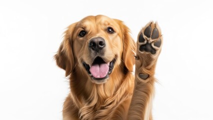 Happy golden retriever with a raised paw, showing its dark pads, on a white background