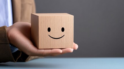 Hand grips a sad-faced wooden smiley on a blue table, highlighting customer experience while a business person is blurred in the background