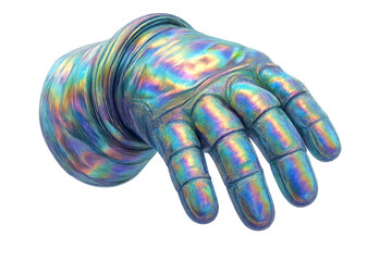 Iridescent futuristic cyborg hand with holographic texture creating a vibrant sci-fi concept on transparent background