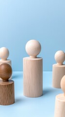 Hand places wooden cubes with human icons on a table, illustrating teamwork and development in a business context with a simple design