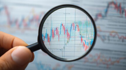 Analyzing Market Dynamics: A close-up perspective of a hand holding a magnifying glass, focusing on a complex financial chart, symbolizing detailed analysis and market trends. 