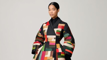 A model showcases a vibrant, patchwork-style dress featuring bold colors and a modern silhouette, reflecting contemporary fashion trends.