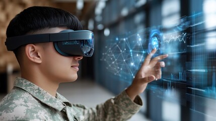 Soldier employs virtual reality glasses to enhance operational strategies with augmented data in a combat environment