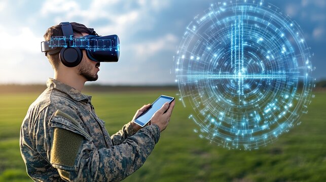Soldier employs virtual reality glasses to enhance operational strategies with augmented data in a combat environment