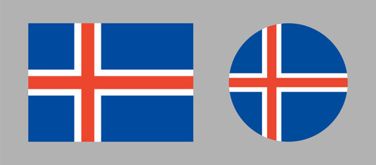 Iceland flag set. Flag icons. Icelandic national rectangular, round flag banners. Circle, rectangle flag badge.