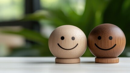 Three wooden circles with smiley faces are placed on a white tabletop, creating a cheerful display against a lush green backdrop