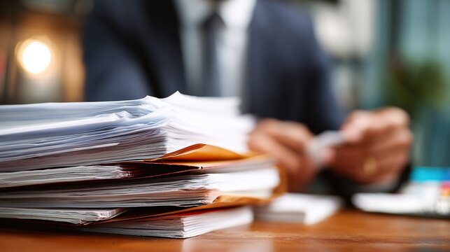 Pile of Documentation: A lawyer, deeply engrossed in his work, navigates the complexities of law. The scene is of legal professionalism.  - Powered by Adobe