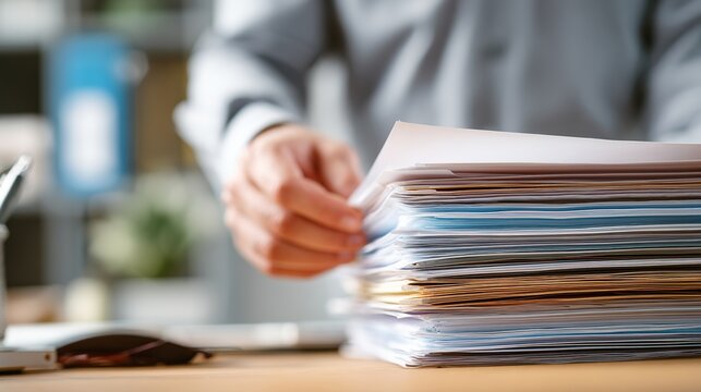 Meticulous Record Keeping: A professional's hand meticulously sorts through a dense stack of documents, highlighting the vital role of organization and diligence in professional life.