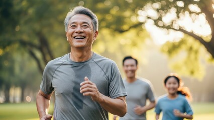 Fototapeta premium Joyful multi-generational group jogging outdoors in a sun-dappled park, healthy lifestyle