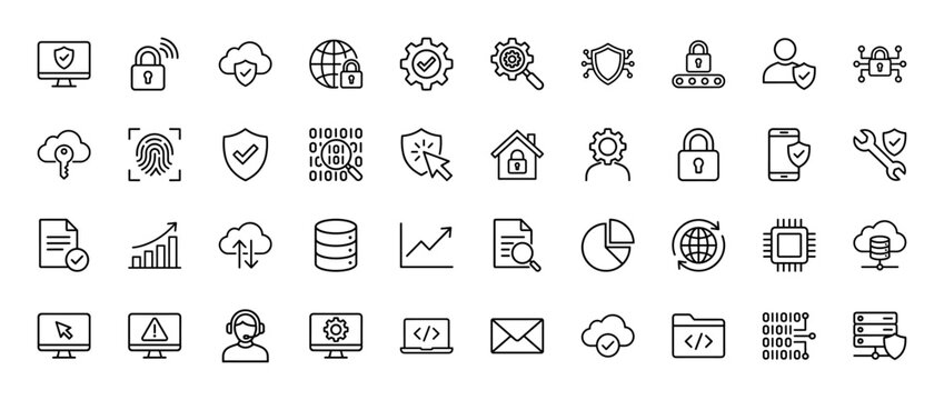 Technology and cybersecurity line icon set. Vector pictograms of security shield, cloud, data, settings, and network, thin outline illustration.