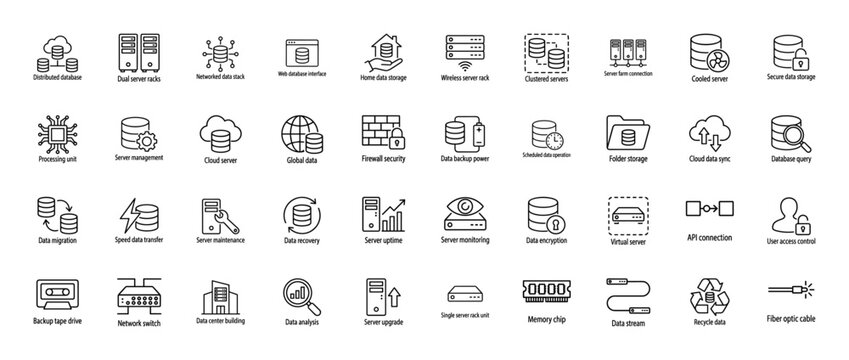 Information technology line icon set. Vector pictograms of database, servers, data storage, and network maintenance, thin outline illustration.