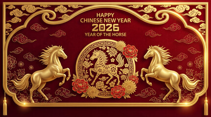 Happy chinese new year 2026 the horse zodiac sign with flower,lantern,asian elements red and gold color paper cut style on color background. ( Translation : happy new year 2026 year of the horse )