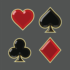 Playing Card Suits Icon Set with Gold Border – Heart Spade Club Diamond – Vector Illustration