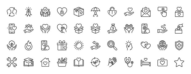 Charity and donation line icon set. Vector pictograms of heart, hands, gift, money, and medical care, thin outline illustration.