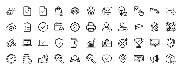 Business and productivity line icon set. Vector pictograms of document check, certification, calendar, and delivery box, thin outline illustration.