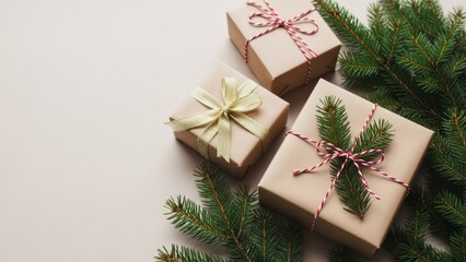 Minimalist holiday scene Kraft gifts, festive twine, gold ribbon, and pine branches