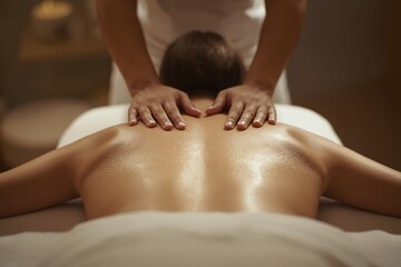 A relaxing back massage in a warm, peaceful spa setting.