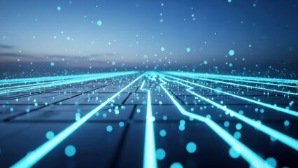 Neon blue digital data pathways with glowing particles under a twilight sky
