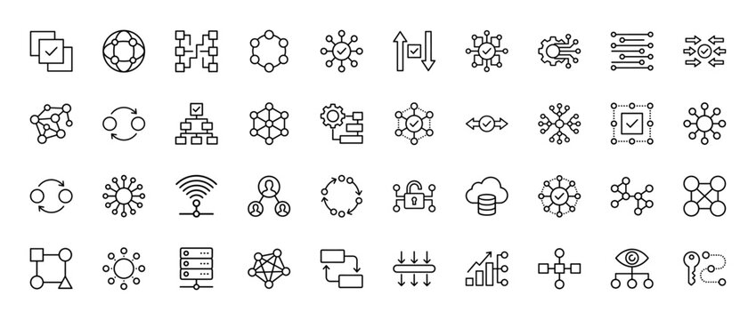 Decentralized technology line icon set. Vector pictograms of blockchain, network, data transfer, nodes, and distributed system concepts, thin outline illustration.